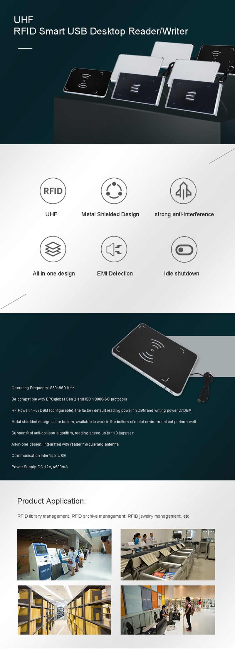 Pembaca/Penulis Desktop USB Cerdas UHF RFID